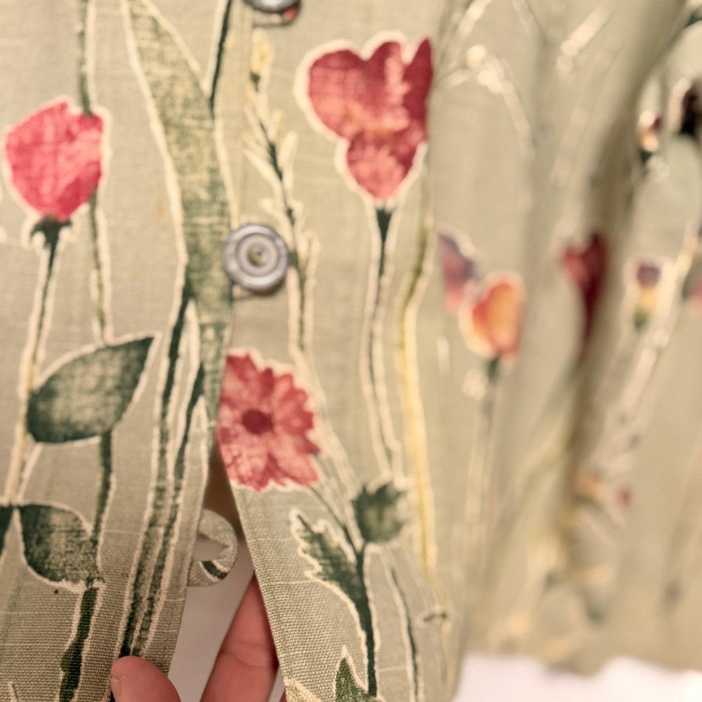 Coldwater Creek Jacket XL Green Floral Cotton Linen Blend Cottagecore Boho Art - Picture 5 of 10